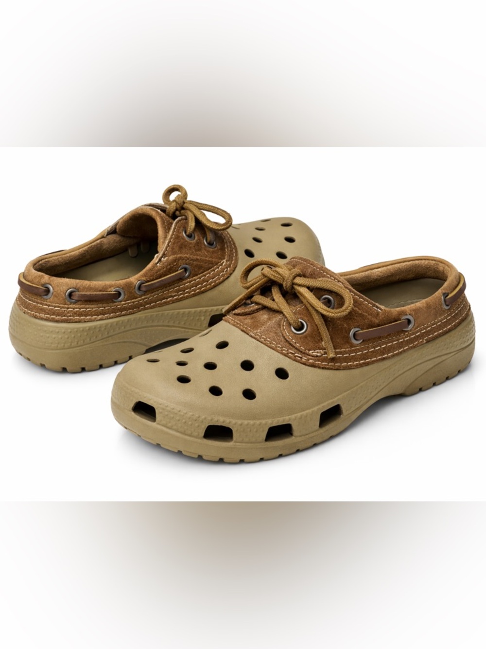 Crocs Islander Pitcrew Boat Shoe Clogs M6/W8 Unisex Leather Trim Brown Tan
